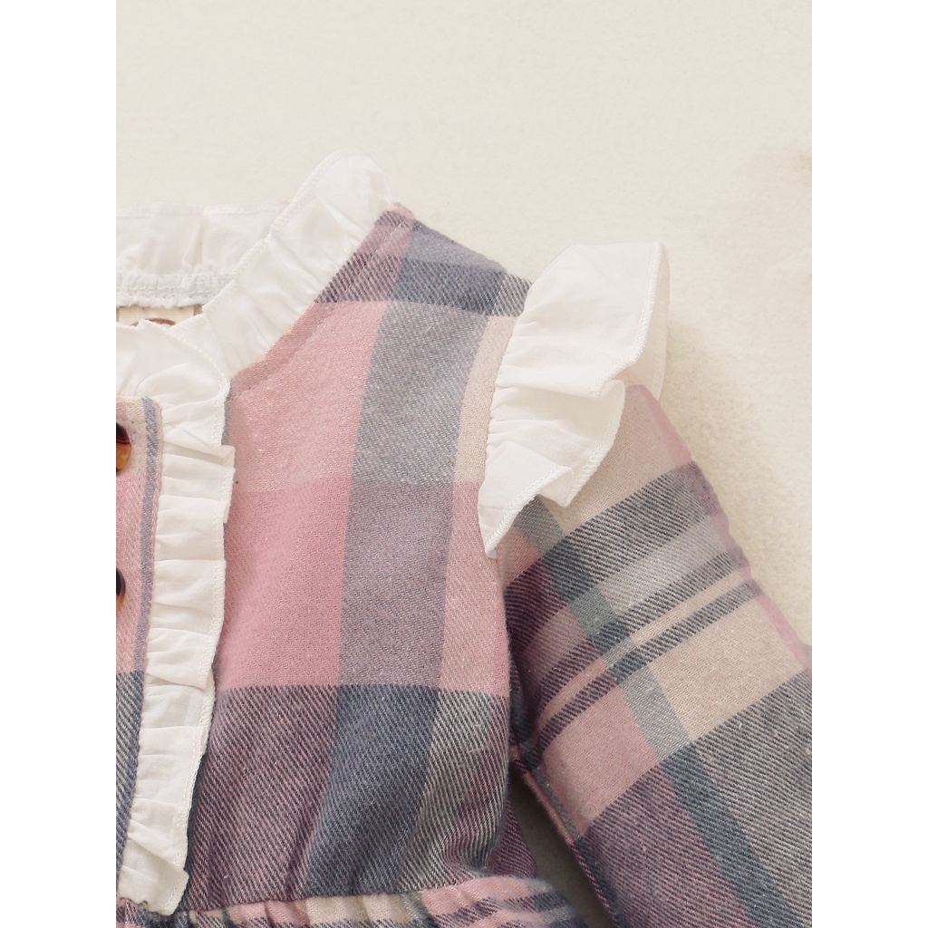 Đầm Mikrdoo họa tiết kẻ caro tay dài phối màu hồng dễ thương nhún bèo phong cách công chúa cho bé gái