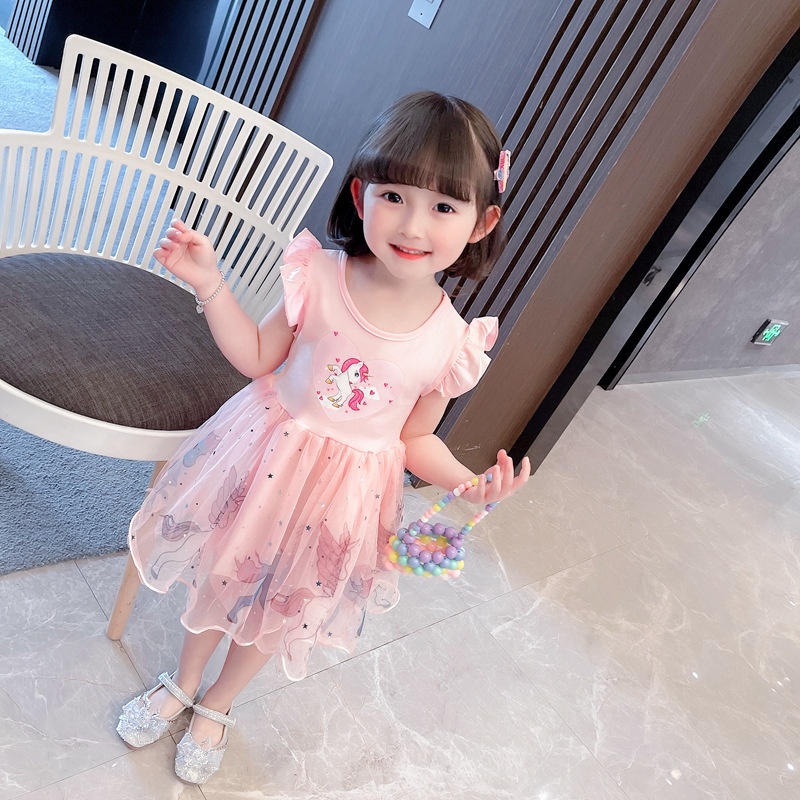 Đầm Công Chúa Tay Ngắn Phồng Bằng Vải bông In Hình Kỳ Lân Thời Trang Dành Cho Bé Gái 1-9 Tuổi