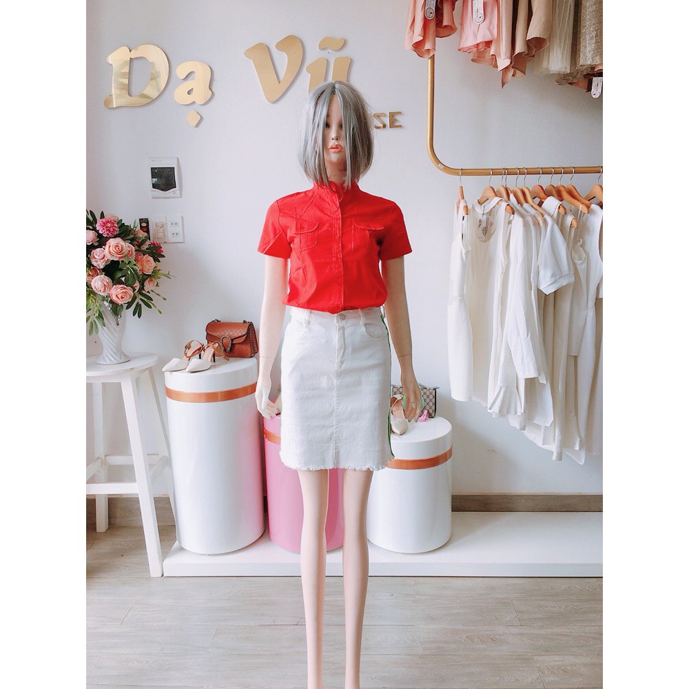 ÁO SƠ MI MÀU ĐỎ PHỐI TÚI TAY NGẮN- Dạ Vũ House