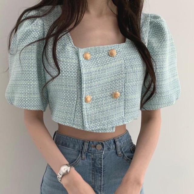 Áo dạ tweed croptop tay phồng