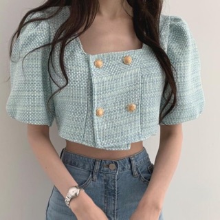 [Ord] Áo dạ tweed croptop tay phồng