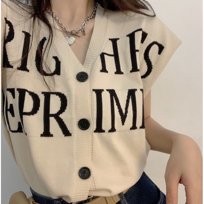 Porozi  Áo Crop Top dệt kim không tay cổ chữ V dáng rộng in chữ phong cách Hàn Quốc