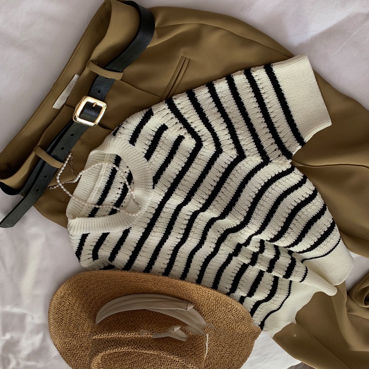 Áo Sweater Ngắn Tay Thiết Kế Mỏng Họa Tiết Kẻ Sọc Thiết Kế Mới Thời Trang Mùa Hè Dành Cho Nữ