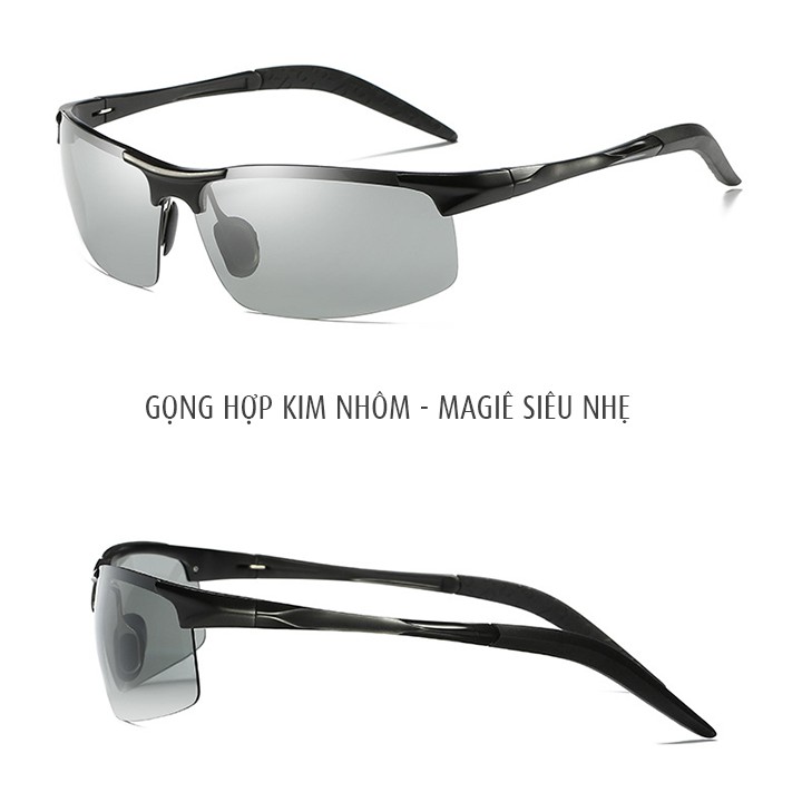 Mắt kính nam đổi màu đi ngày và đêm gọng nhôm magiê khớp lò xo nhẹ, tròng phân cực polarized chống chói, tia UV - MK1820