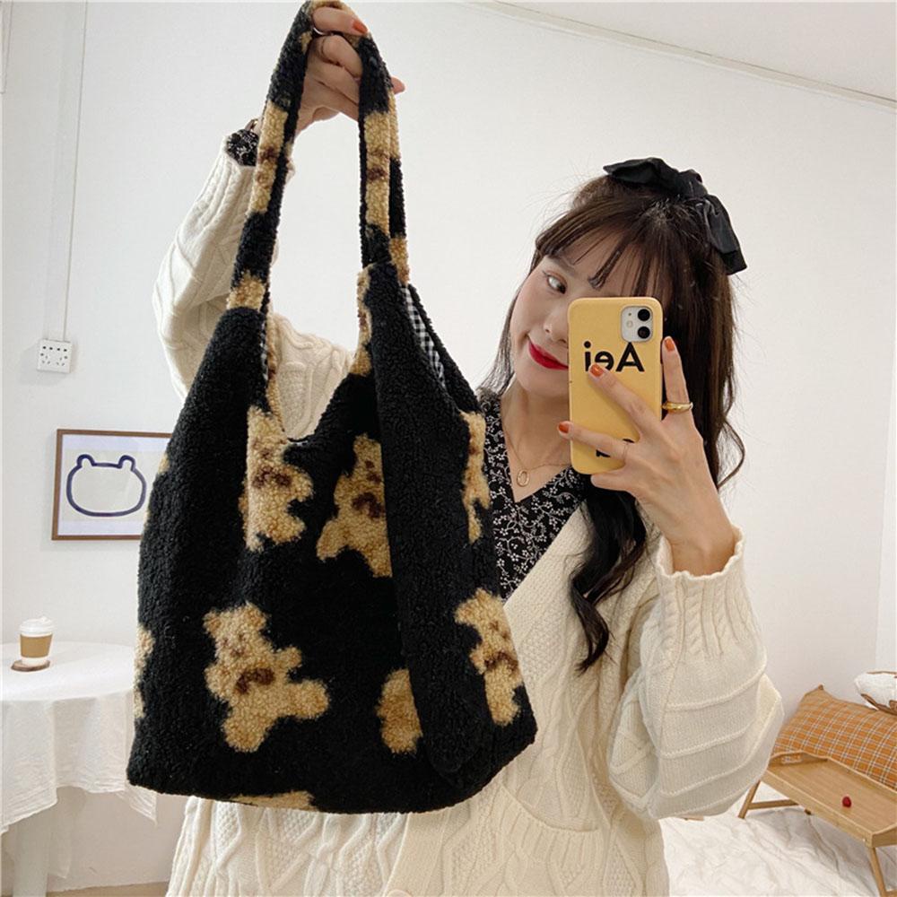 1 Túi Tote Đeo Vai / Xách Tay Bằng Vải Lông Cừu Hai Mặt 3 Màu Dễ Thương