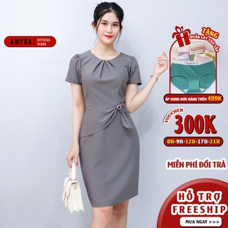 Đầm body trung niên dự tiệc bigsize cho mẹ cao cấp AMYRA thiết kế cố xếp ly ngắn tay sang trọng che bụng DA067