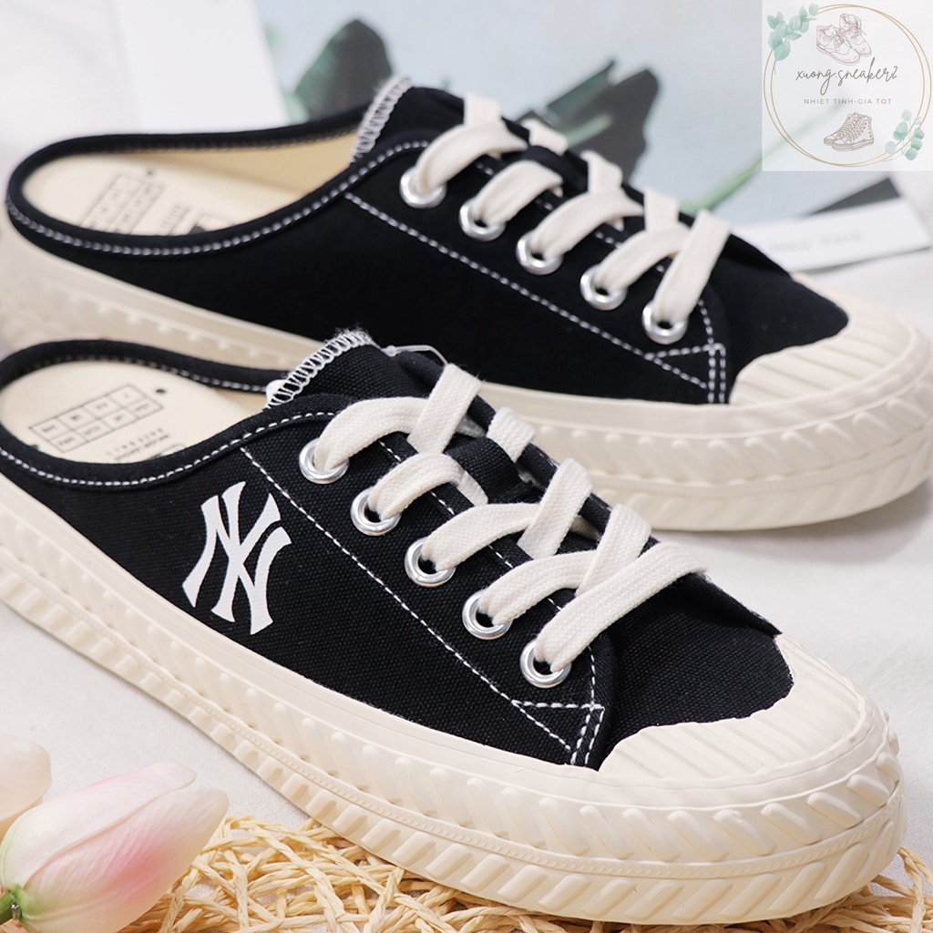 Giày Sục Thể Thao 1 Sneaker Nữ BAMY Thêu chữ NY MÀU ĐEN BASIC , Sục bata đạp gót đế bánh mì 3cm