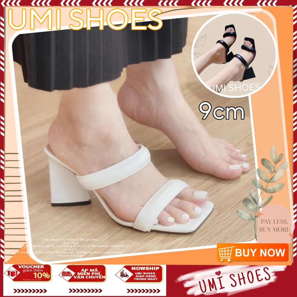Giày Cao Gót Vuông Guốc Tam Giác Hai Quai Ngang Phồng mũi vuông thời trang mới đẹp đi chơi trắng/đen xinh