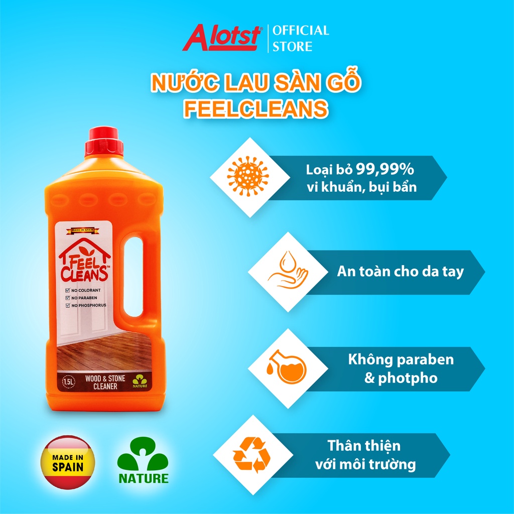 Nước Lau Sàn Gỗ Và Đá FeelCleans 1.5 Lít made in Spain