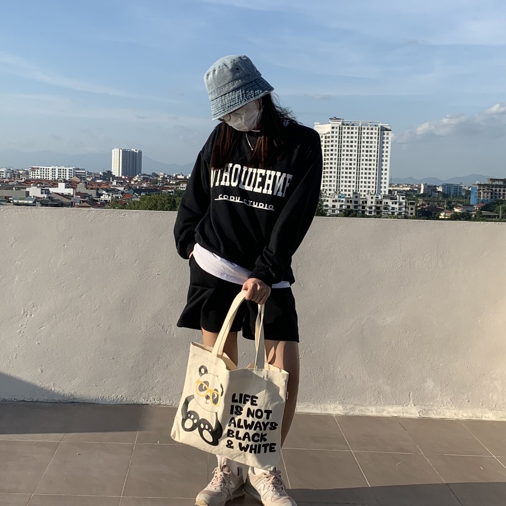 Túi vải tote cỡ lớn đi học đi chơi hình Gấu Trúc dễ thương