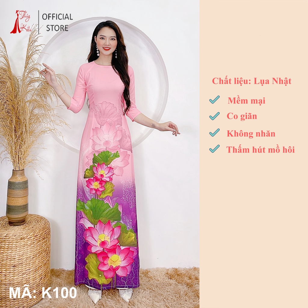 Áo dài cách tân nữ truyền thống thiết kế may sẵn tết nền hồng hoa sen K100 Thúy Kiều mềm mại co giãn áo dài giá rẻ
