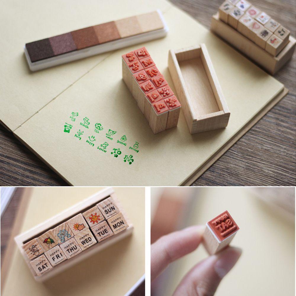 PISTA Bộ 12 Con Dấu Gỗ Trang Trí Sổ Tay Xinh Xắn