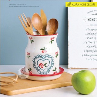 Ống đựng đũa sứ, Bộ hũ sứ cắm thìa, đũa họa tiết Cherry + khay sứ hứng nước tiện lợi