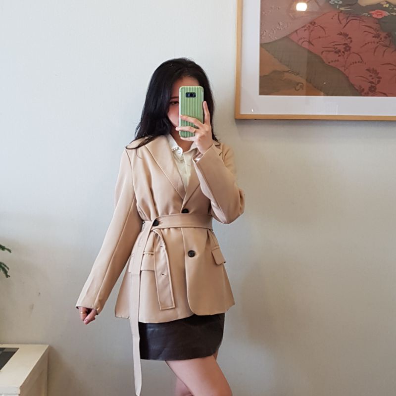 [BLAZER 01]Blazer hai lớp màu kaki kèm belt da và dây phong cách Hàn Quốc