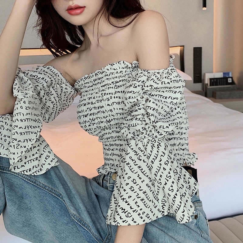 Áo Voan Trễ Vai Tay Phồng In Chữ Phong Cách Hàn Quốc Dành Cho Nữ