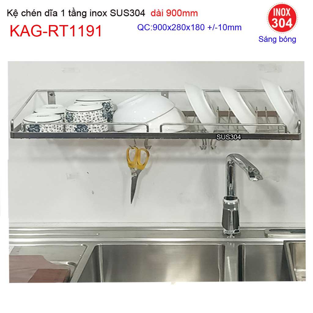 Kệ đựng chén bát inox SUS304,  kệ úp chén bát 1 tầng inox dài 90cm KAG-RT1191