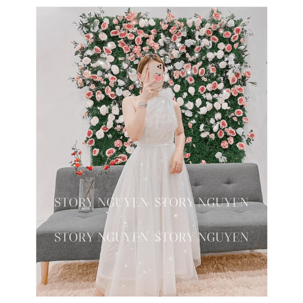 ĐẦM LƯỚI LỆCH VAI ĐÍNH HOA XINH LUNG LINH