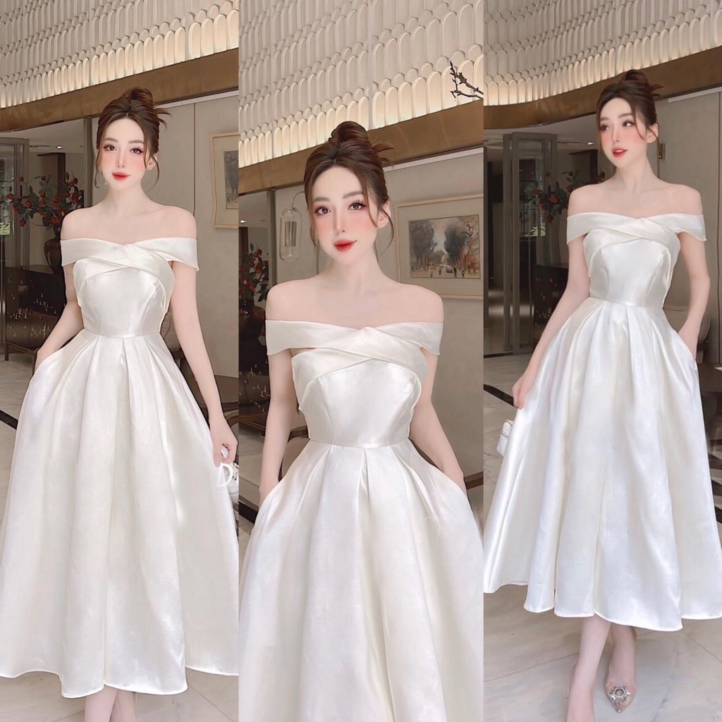 [9.9 Sales Freeship] Đầm công chúa đi tiệc, đầm cup ngực trễ vai dáng dài, đầm xòe bẹt vai chất tapta sang trọng dx
