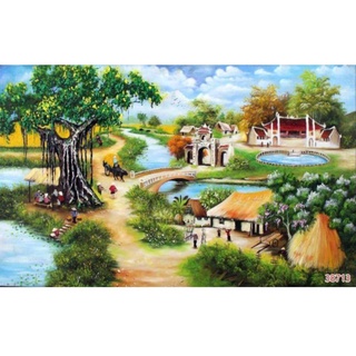 Tranh lụa dán tường 3d tranh đồng quê trang trí phòng khách ngang 2m4 x 1m4