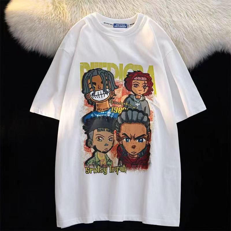 Áo thun Fashmily 100% cotton cổ tròn tay ngắn dáng rộng in họa tiết hoạt hình thời trang Hàn Quốc mùa hè size 4XL
