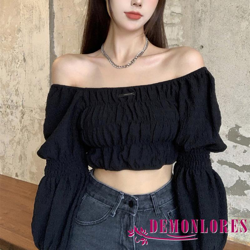 Áo croptop trễ vai tay phồng dài màu sắc thời trang cho nữ