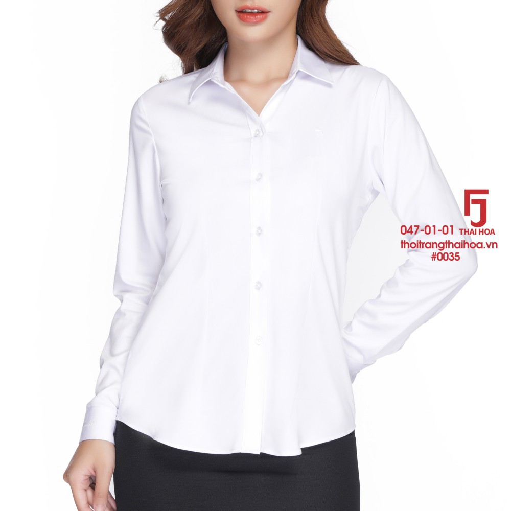 Áo sơ mi nữ Thái Hòa 047-01-01, Áo sơ mi nữ công sở dài tay, màu trắng, máu trắng, vải  trơn đanh, mịn | BigBuy360 - bigbuy360.vn
