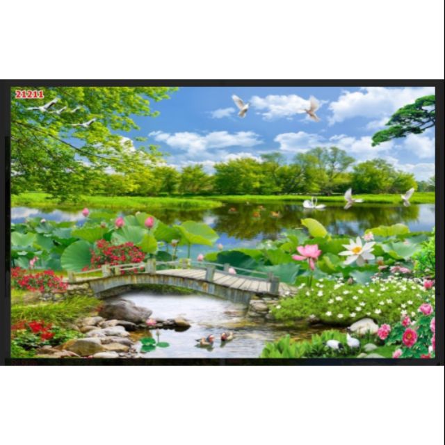 [ IN THEO YÊU CẦU] Tranh dán tường 3D Vải lụa đầm sen