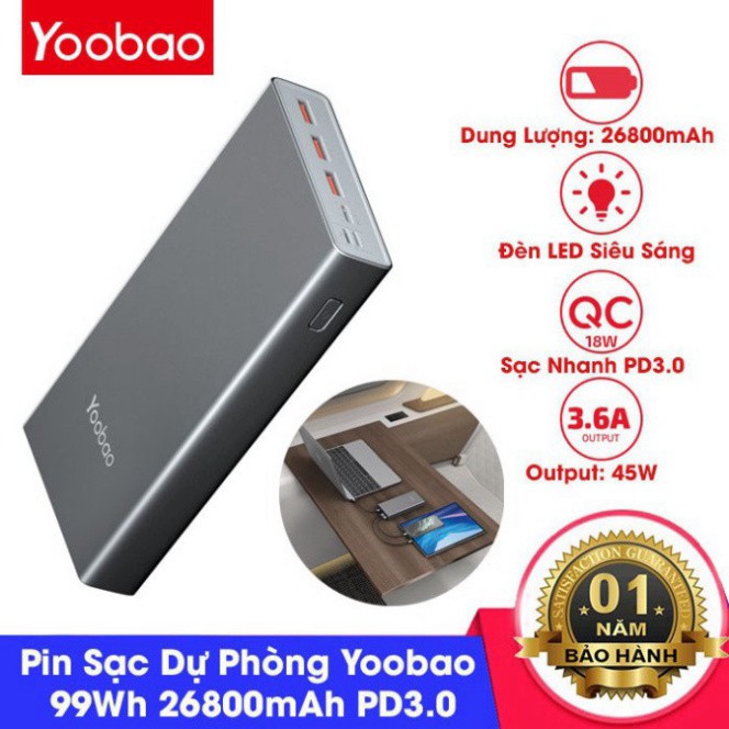 Pin sạc dự phòng Yoobao 99Wh 26800mAh thiết kế vỏ nhôm hỗ trợ sạc nhanh PD 45W, QC 3.0 sạc cho điện thoại laptop,Macbook