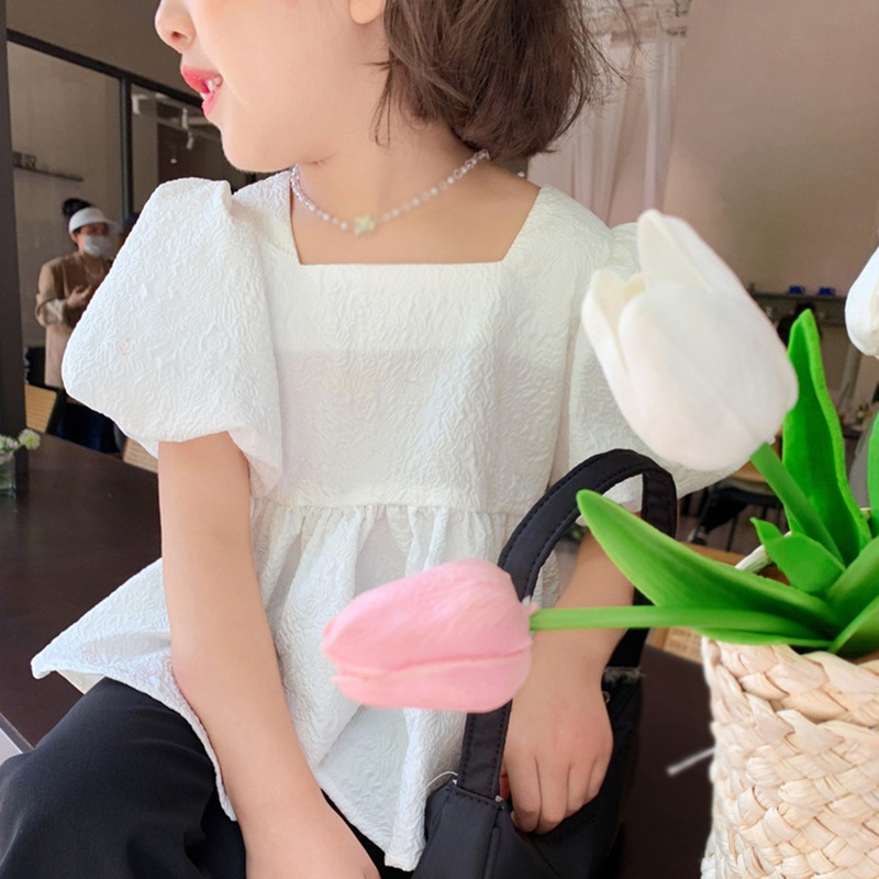 Áo Tay Phồng Ngắn Cổ Vuông Thắt Nơ Thời Trang Mùa Hè Hàn Quốc Cho Bé Gái