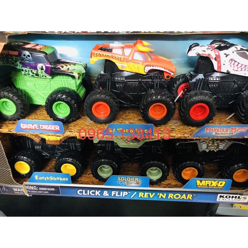 Hộp 6 xe Monster Jam gồm 3 xe bánh đà và 3 xe bật nhảy lộn nhào