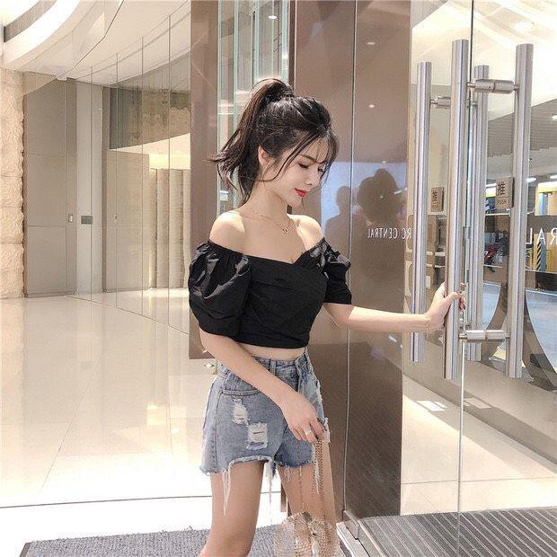 HOT 11242B1 Áo kiểu nữ croptop tay phồng ngắn, đăp chéo ngực, vải kate siêu đẹp hình ảnh thật