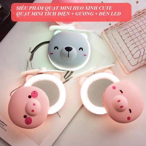 Gương kèm quạt cầm tay hình thú 3in1 (Fan+Led+Gương)