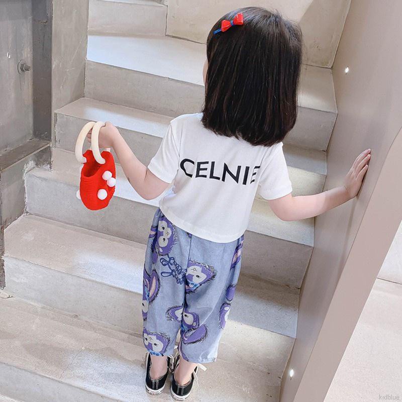 Bộ đồ áo tay ngắn cổ tròn và quần dáng rộng họa tiết hoạt hình phong cách Hàn Quốc xinh xắn cho bé gái