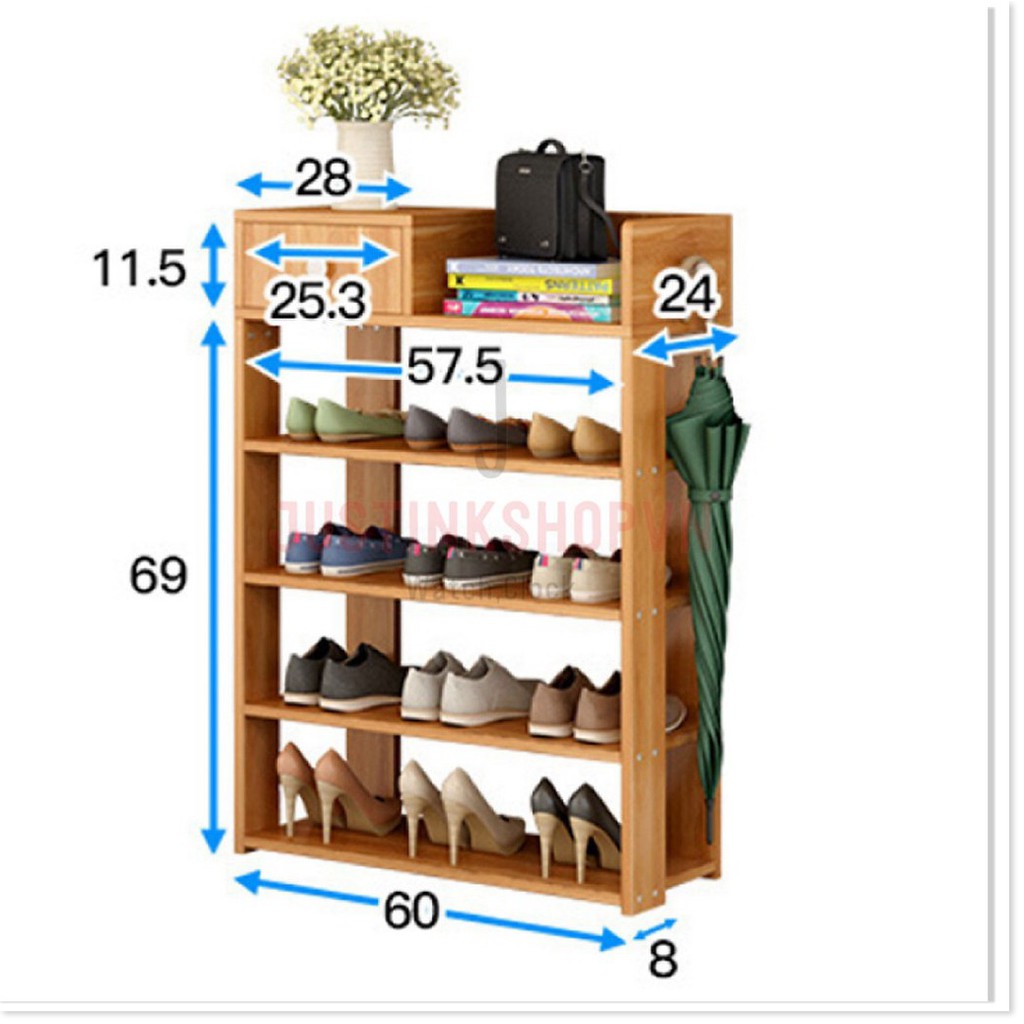 KỆ TỦ GIÀY BẰNG GỖ  5 TẦNG CÓ NGĂN KÉO ĐỰNG ĐỒ,GIẦY DÉP GỌN GÀNG,TREO ĐƯỢC ÁO MƯA,Ô DÙ - JLVQ-4519-KGBG