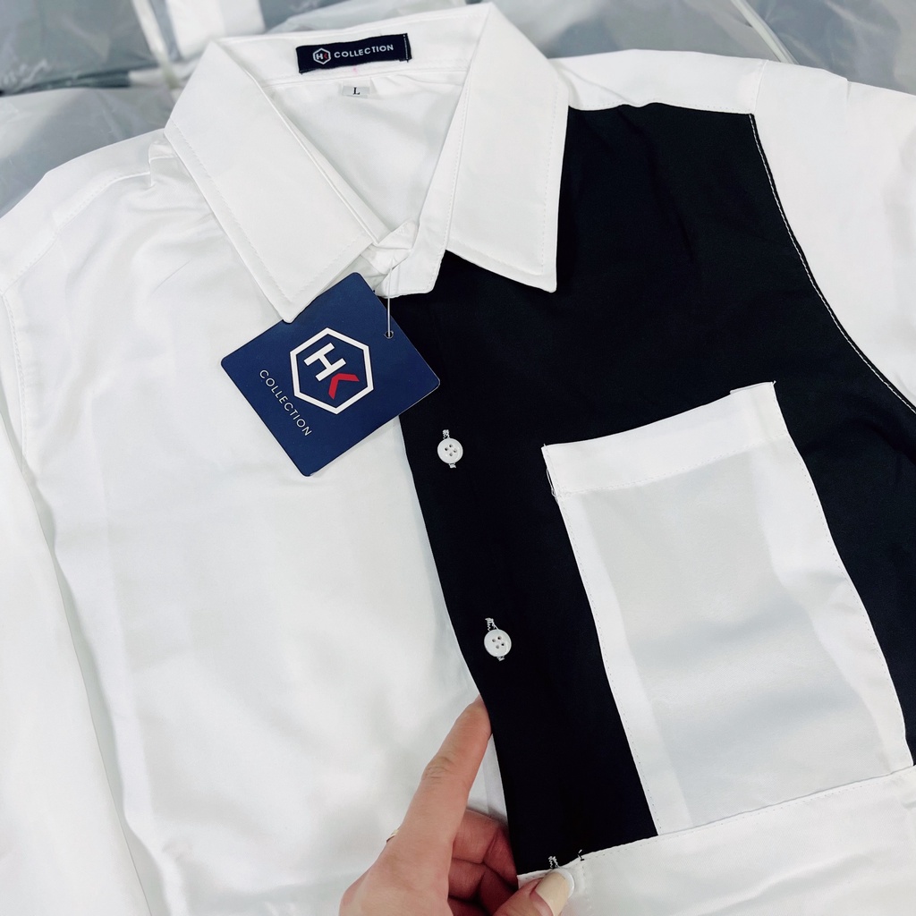 Áo sơ mi nam dài tay đen trấng phối độc lạ, vải dày dặn, co giãn nhẹ siêu mát VBSHOP014