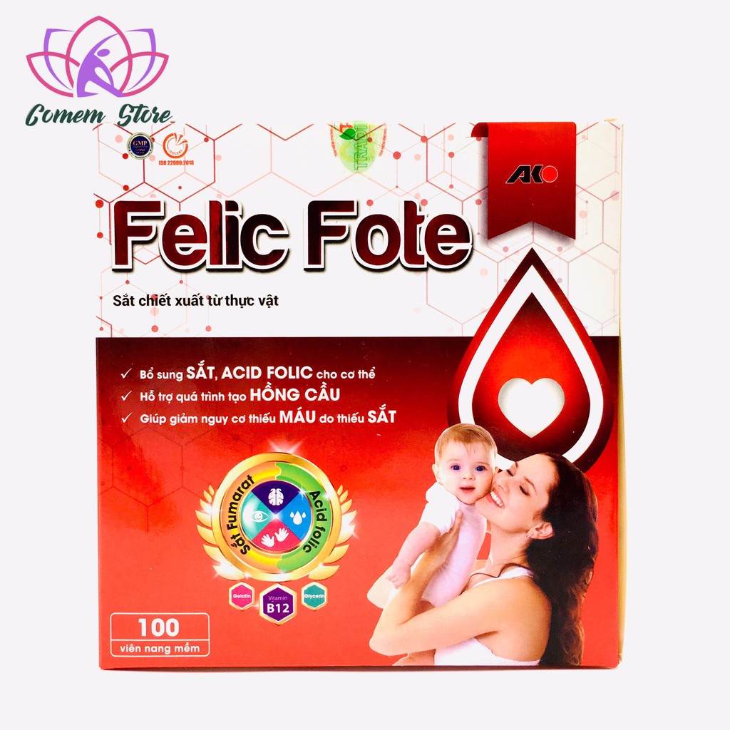 Felic fote bổ sung sắt và acid folic, giảm thiếu máu do thiếu sắt, hỗ trợ quá trình tạo máu, quá trình tạo hồng cầu