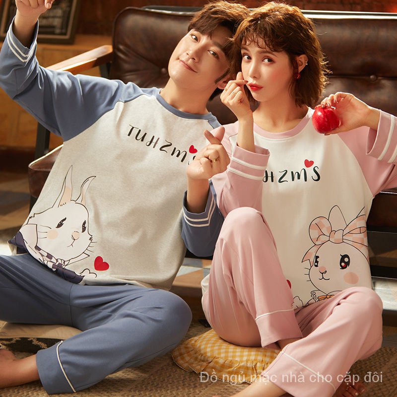 Bộ đồ ngủ cotton tay dài dáng rộng phong cách Hàn Quốc thời trang xuân thu cho nam và nữ Z6g1