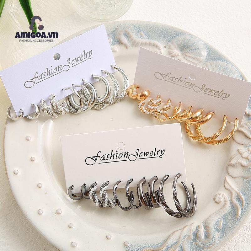 Bộ 5 Đôi Khuyên Tai Kim Loại Đính Ngọc Trai Đơn Giản