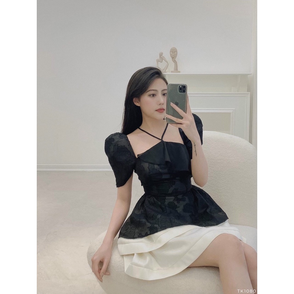 Áo peplum yếm nữ thêu phối bèo NPAO037