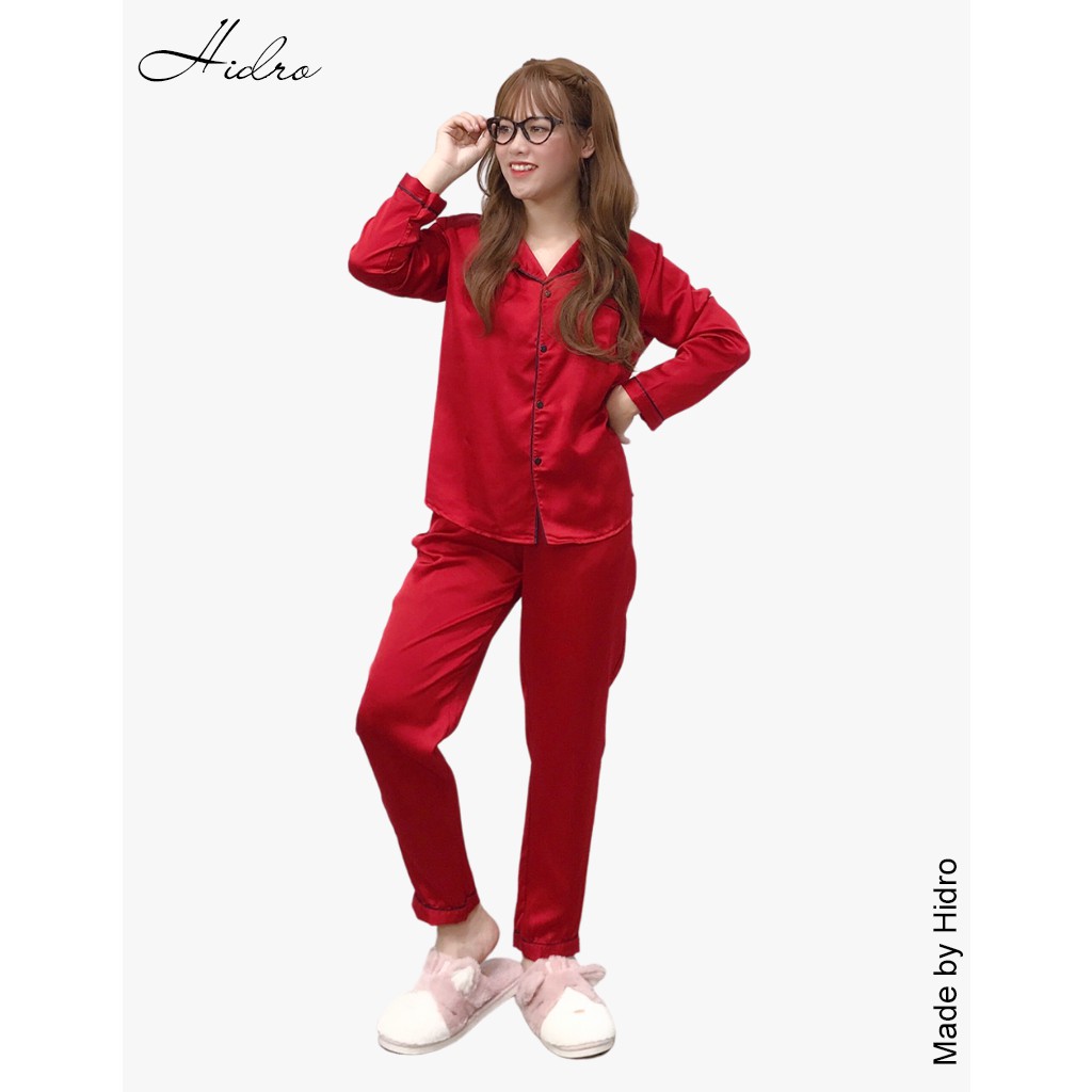 Bộ ngủ pijama lụa satin trơn dài tay