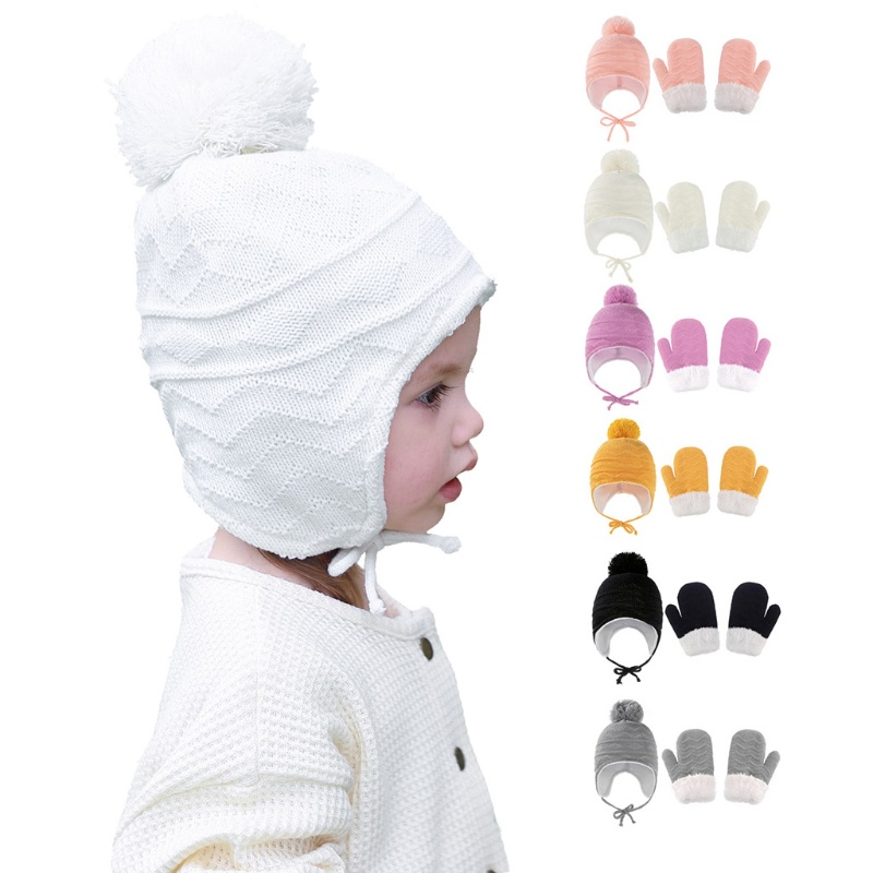 Bộ Mũ Beanie + Găng Tay + Găng Tay Phủ Lông Màu Trơn Giữ Ấm Mùa Đông Cho Bé