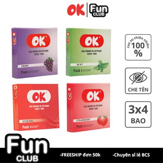 Bộ 4 hộp Bao cao su Ok Hương Dâu Tây - Bạc Hà - Nho - Không Mùi 12 cái CB008