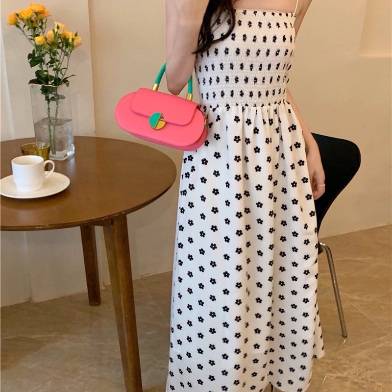 LITTLE DAISY DREESS  Đầm maxi hai dây bông hoa nhỏ màu đen trắng