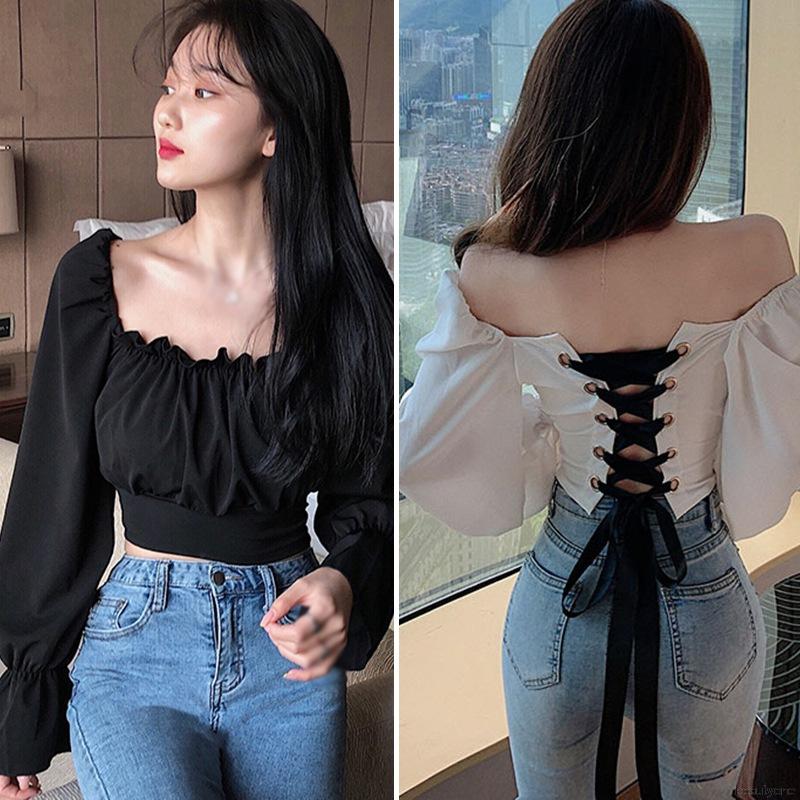 Áo Croptop Tay Dài Trễ Vai Thiết Kế Hở Lưng Quyến Rũ