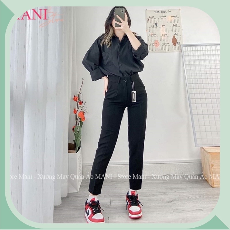 Quần tây baggy nữ cạp cao ống suông dáng đứng màu xanh đen vải mưa dày dặn mặc đi học sinh cấp 2 3 làm công sở