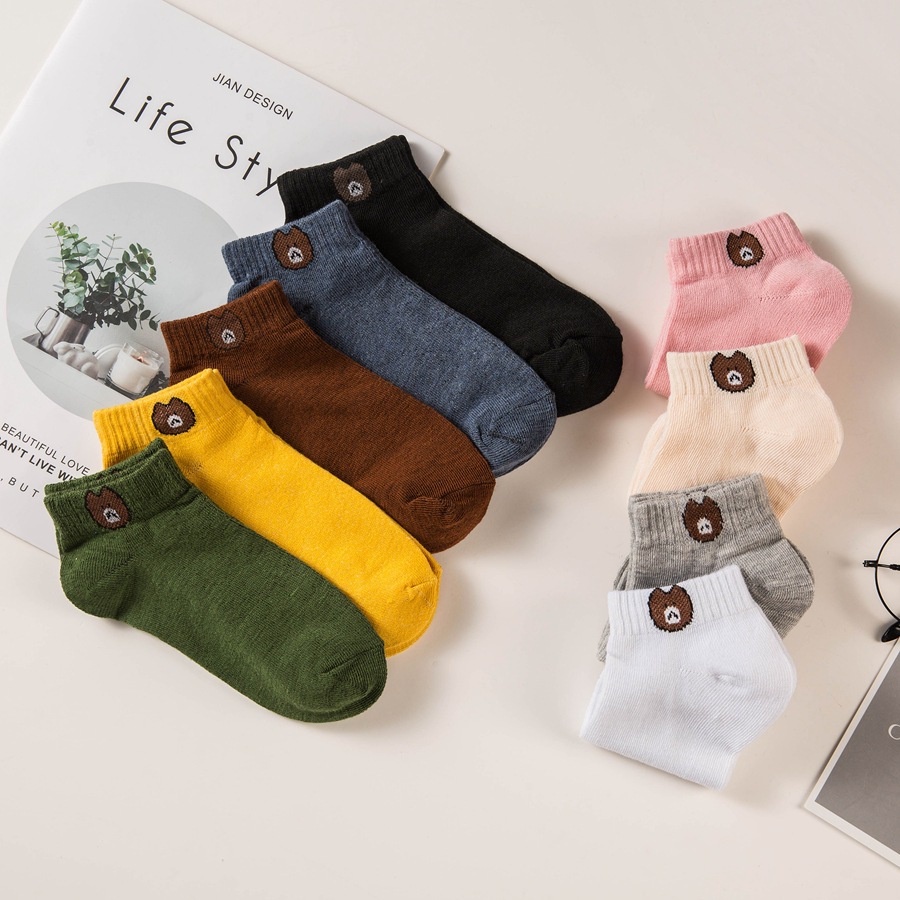 Tất/Vớ Trơn Vải Cotton Cao Cấp Cổ Ngắn Và Cổ Cao Họa Tiết Hình Gấu Co Giãn Thoáng Mát, Hàn Quốc - Iclassy_shoes
