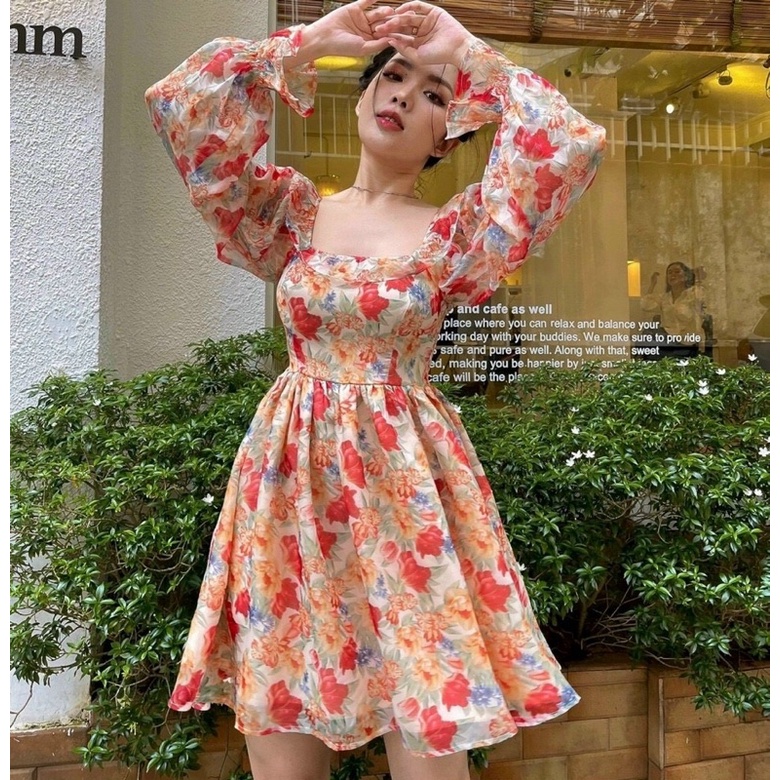 ĐẦM HOA TAY PHỒNG CUTOUT NƠ LƯNG