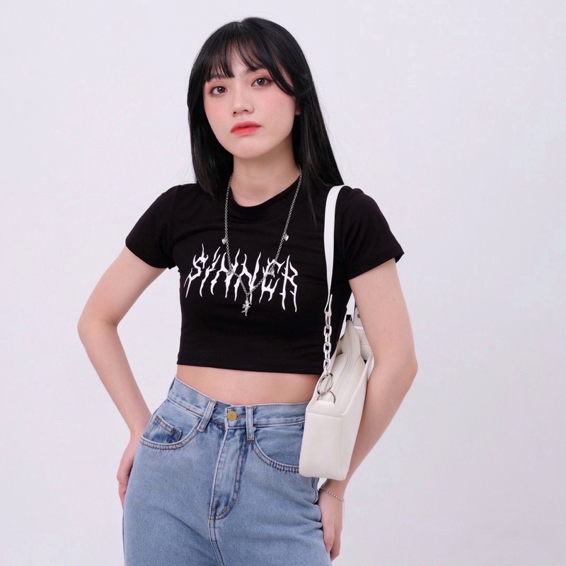 Áo Croptop Tay Ngắn Hoạ Tiết In Chữ Sinner Tôn Dáng Body