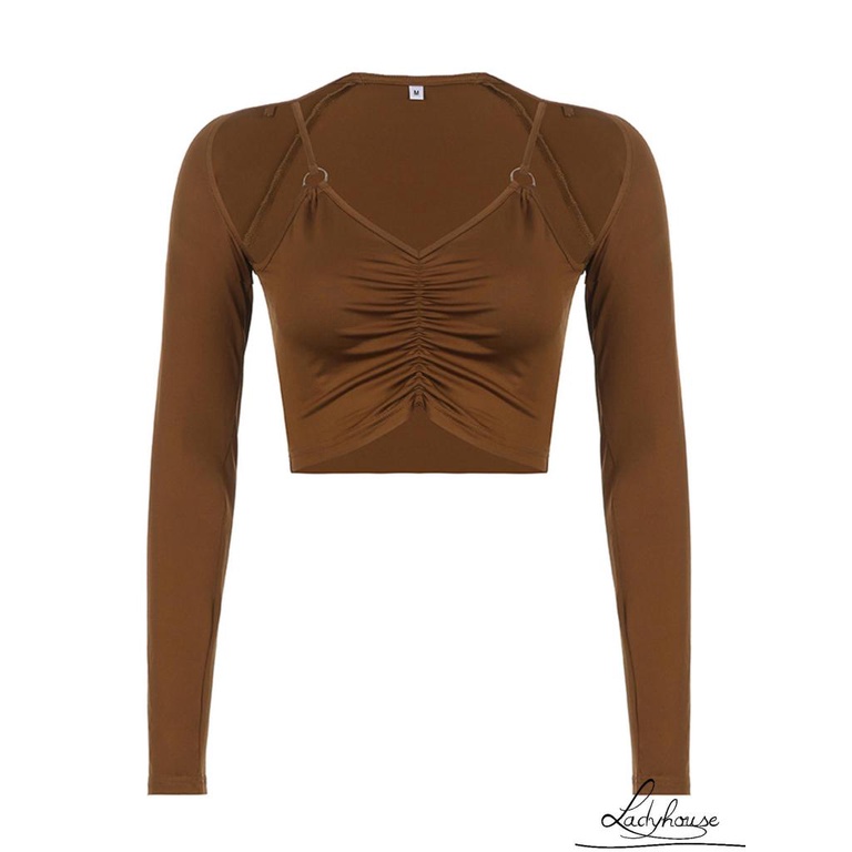 Áo Croptop Tay Dài Cổ Chữ V Màu Trơn Thanh Lịch Thời Trang Mùa Hè Cho Nữ