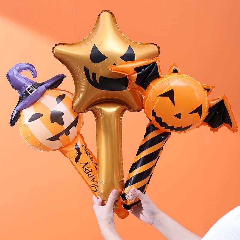 1Pc Devil Spider Pumpkin Inflatable Toys/ Handheld Trick Or Treat Aluminum Film Balloon Stick/ Halloween Party Decoration Prop